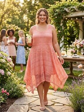 Torrid Plus Size 3 Peach Lace Sleeveless Dress Asymmetrical Handkerchief Hem
